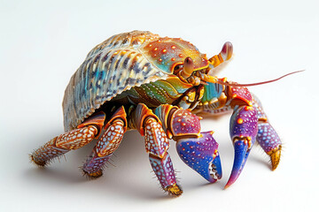 Vibrant close-up of a colorful hermit crab with detailed patterns and textures on its shell and claws, set against a white background.