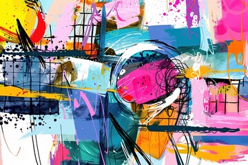 A dynamic explosion of colorful lines, shapes, and scribbles on a crisp white background, reminiscent of urban art.