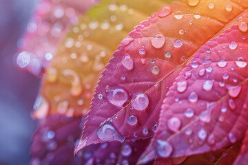Colorful leaves with water droplets, closeup, colorful background, mobile wallpaper