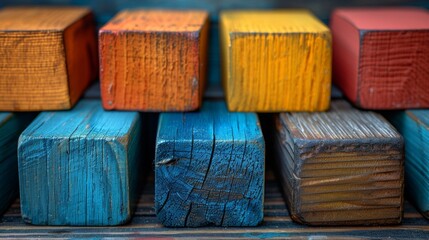 Close-up shot focusing on the different colored wooden blocks on stand
