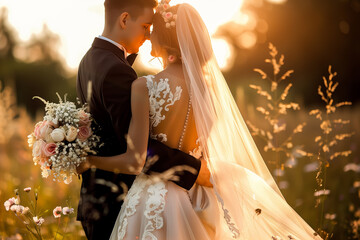 A closeup of a bride and groom looking at the sunset over a field while the bride holds her bouquet and they hold each other closely.