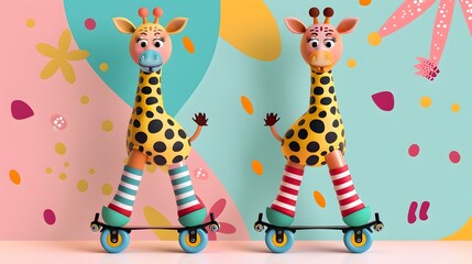 Whimsical Giraffe Characters on Rollerblades in Playful Colorful Scene