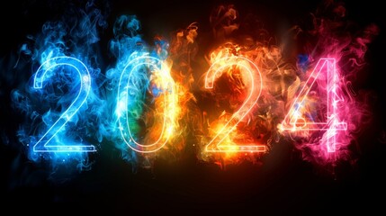 Number 2024 neon sign on a dark background. Symbol of the new year