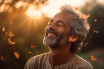 Generative AI illustration happy yoga person enjoying medication in natural wild conditions beautiful view