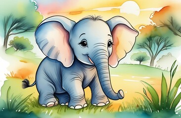 Cartoon character illustration, cute smiling, little elephant walking on the background of wild nature, the sun is shining over the savannah, watercolor color style