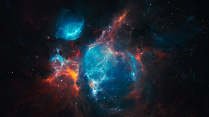 Space background. Colorful fractal red and blue nebula with star field. Digital painting