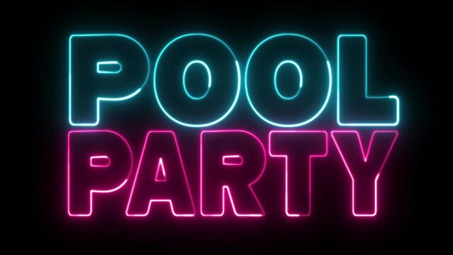 Pool Party text font with neon light. Luminous and shimmering haze inside the letters of the text Pool Party. Pool Party neon sign. 