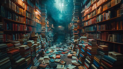 A chaotic and atmospheric library with books strewn all over depicts a scene of knowledge amidst disorder