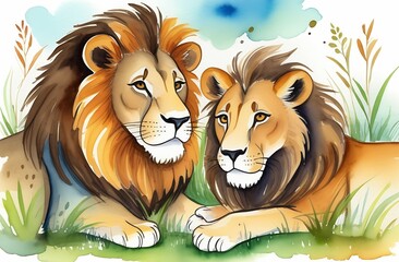 Colorful cartoon character illustration, lion and lioness lying in the grass in the savannah, watercolor style, concept of love, family, greeting card, animal protection day