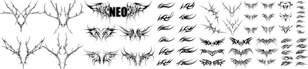 Collection of various tribal and barbed wire tattoo designs in black and white, showcasing intricate and symmetrical patterns. Ideal for tattoo artists streetwear etc vector illustration set