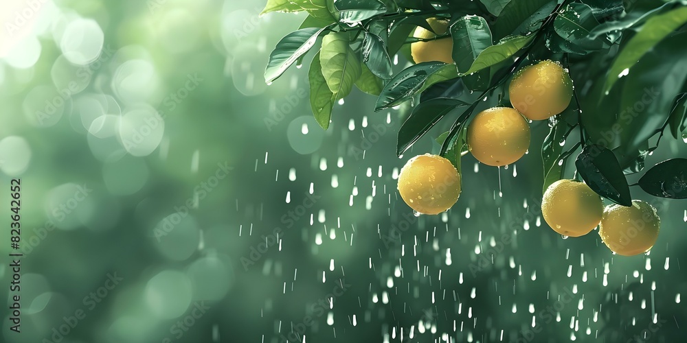 Poster tree drops oranges and leaves creating a wet and shiny scene. concept tree droplets, oranges, leaves
