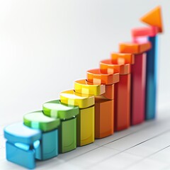 Colorful 3D bar graph with an upward arrow, representing business growth and success, suitable for presentations and data visualizations.