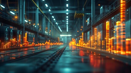 Fototapeta premium Futuristic industrial warehouse with digital data visualization and high-tech lighting, showcasing a modern, automated environment.