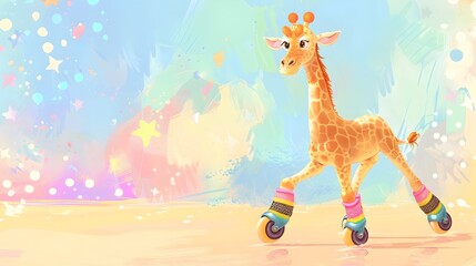 Obraz premium Giraffe on Roller Skates Exploring a Vibrant and Whimsical Outdoor Adventure