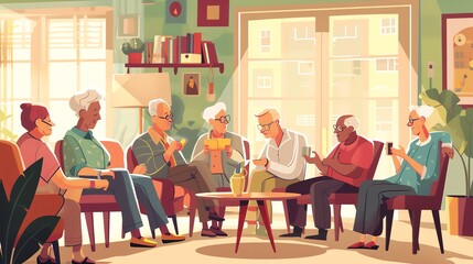 A heartwarming illustration of a LGBTQ senior social club, with elderly members sharing memories and forging new friendships