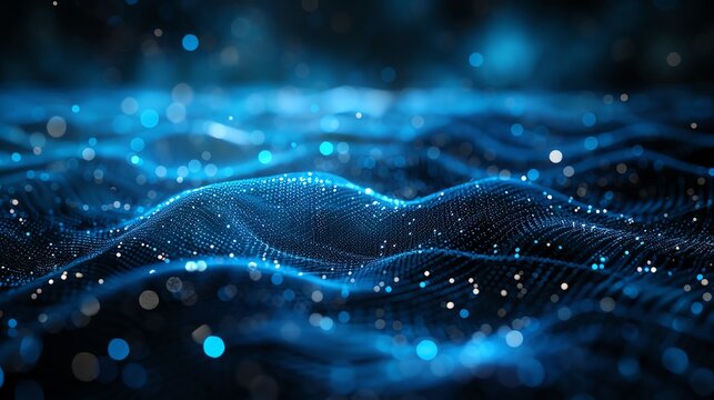 Abstract digital landscape with glowing blue dots and lines creating a futuristic and dynamic background design.