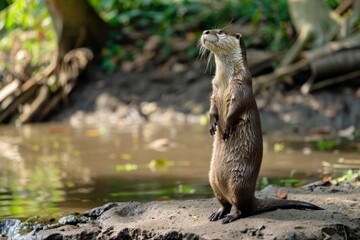 Alert Otter Standing Upright by a Riverside in Natural Habitat During Daytime