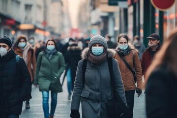 Crowd of People in a Medical Masks During Pandemic. Outdoor. Medical Mask. Pandemic Concept. Healthcare Concept. Epidemic Concept.