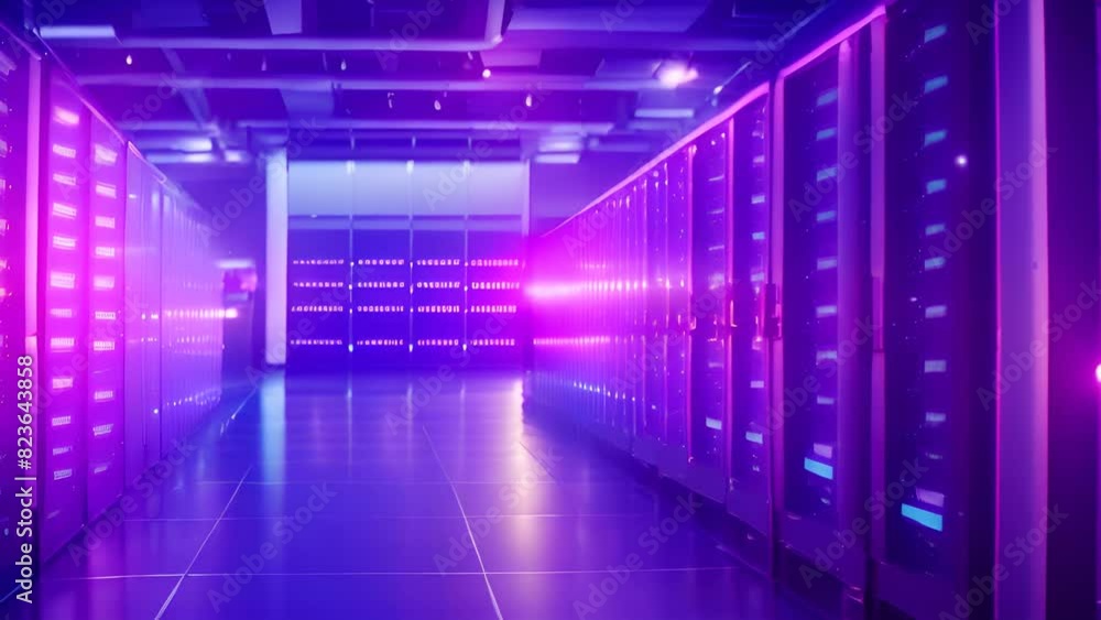 Poster rows of servers in a long data center hallway generative ai