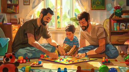 A touching illustration of two fathers and their son playing a board game together at home, surrounded by toys and laughter