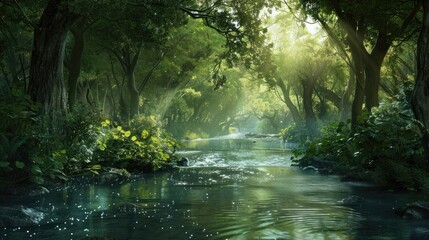 A tranquil river flowing through a lush, green forest.