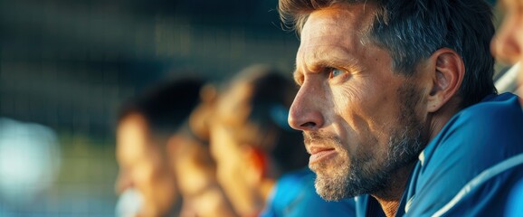 Obraz premium Coach Watching Intently From The Sidelines With Copy Space, Football Background