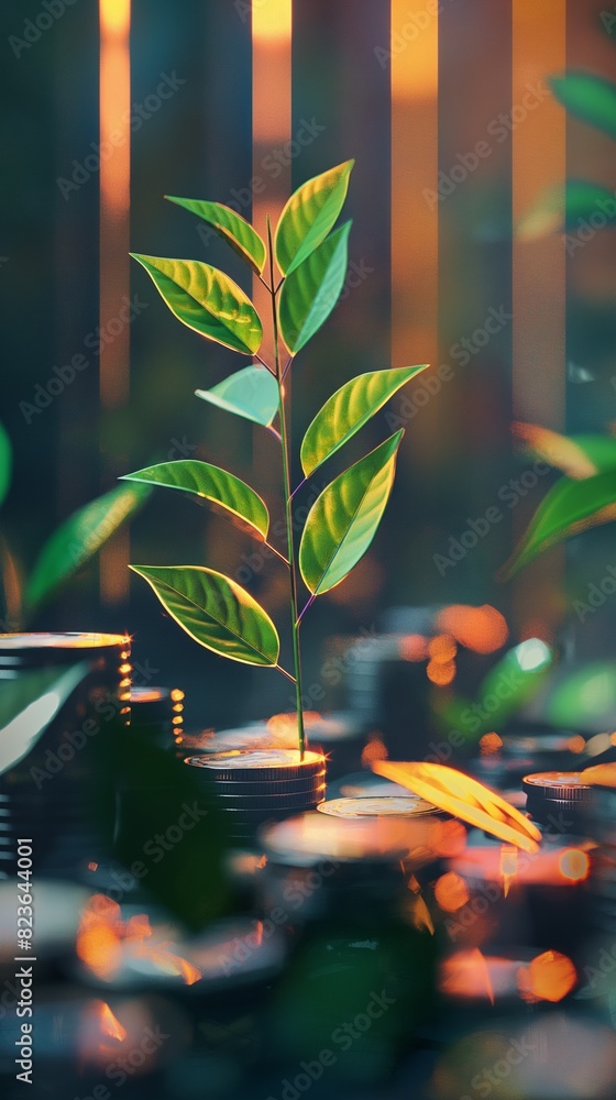 Poster vertical image of a stack of coins with a growing plant.