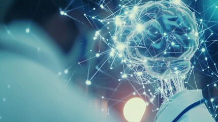 Conceptual image of a human brain interconnected with glowing nodes, representing neural networks and the intersection of biology and technology.