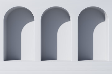 Fototapeta premium Minimal abstract scene with stairway and arches. 3d background.