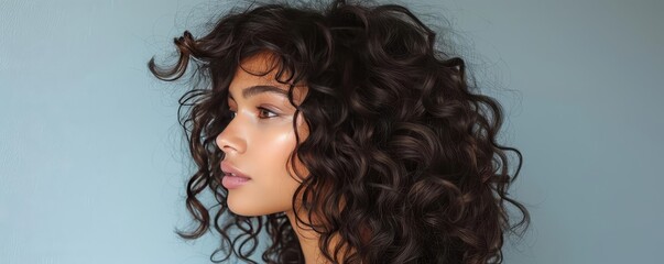 Fototapeta premium Profile view of a woman with curly hair, showcasing natural bounce and volume