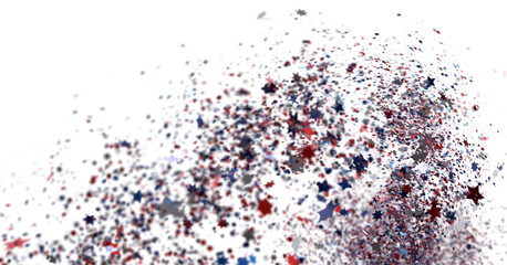 Festive background with confetti in the shape of stars in the color of the American flag.