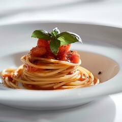 A gourmet serving of spaghetti topped with fresh tomato chunks and a basil leaf, elegantly presented in a white dish.