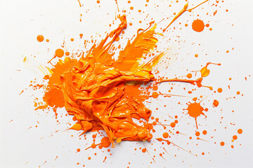 A random, expressive splatter of tangerine orange acrylic paint, energetic and zestful, on a solid white background, capturing the essence of citrus.