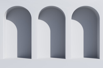 Minimal abstract scene with  stairway and arches. 3d background.