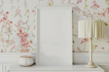 Blank white  wall frame chic interior design with floral pattern wallpaper and elegant decor elements in a stylish home
