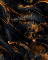 A black and orange fabric with gold and orange swirls