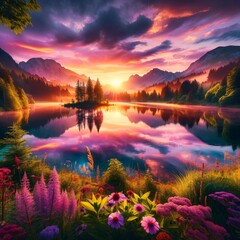 幻想的な夕暮れの湖畔風景