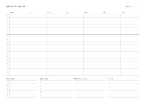 A weekly plan design template in a modern, simple, and minimalist style. Note, scheduler, diary, calendar, planner document template illustration.