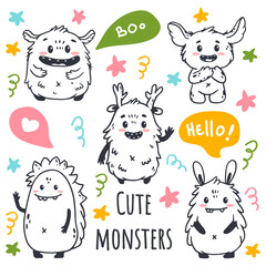 set of cartoon monsters. Cute monsters in doodle style. Kids funny character design for posters, cards, magazins. Line.