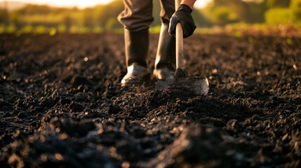 Um agricultor espalha biochar, uma forma de carvão utilizado para aumentar o armazenamento de carbono no solo, num campo. A luz solar do final da tarde destaca a textura do biochar contra o solo