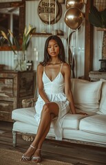 Fototapeta premium Model lounges in chic living room with white walls, wooden floors, and festive HAPPY BIRTHDAY balloon arch