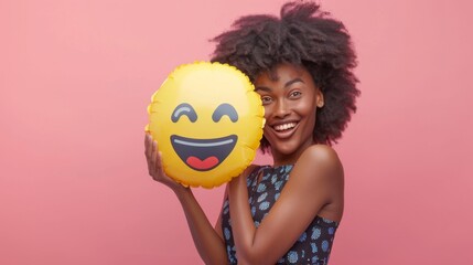 A Woman Holding Emoji Balloon