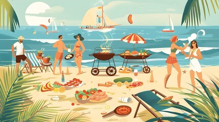Summer Delights: Friends Gathering Around a Beachside Barbecue Grill, Savoring Flavorful Food and
