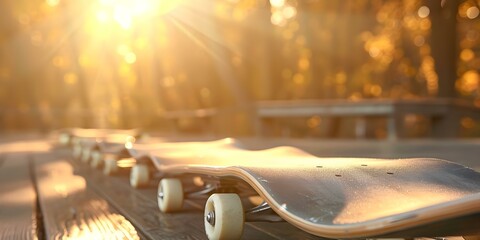 Row of sleek skateboards waiting to hit the ground and conquer outdoors. Concept Skateboarding, Outdoor Sports, Adventure, Urban Lifestyle, Youth Culture