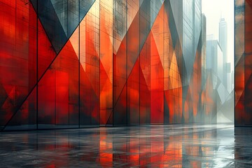 Abstract geometric structure with red and blue glass panels, reflecting light and creating a futuristic atmosphere.