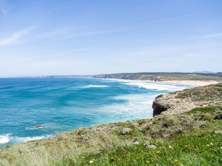 A beautiful landscape overlooking the azure sea in a combination of rocky lines