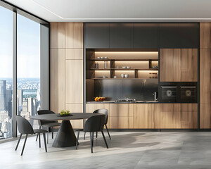 Modern kitchen interior with dining area next to a window, and city view background