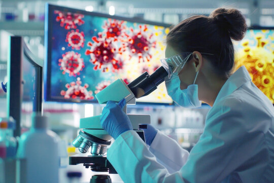 A scientist looking through a microscope, colorful virus particles displayed on a screen beside them, laboratory setting.