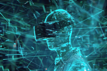 A virtual reality simulation of a cyber attack, a user navigating through a digital landscape representing network defenses.