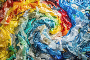 Abstract interpretation of recycling, swirling masses of recycled materials flowing in a cycle, surreal, vibrant colors, metaphorical visual of sustainability
